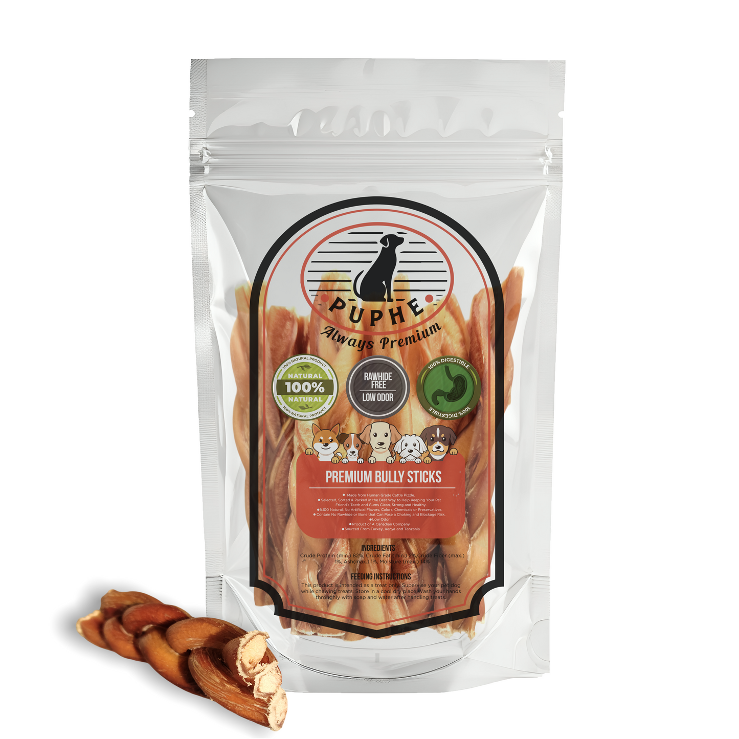 6 Inch Braided Natural Bully Sticks - PUPHE