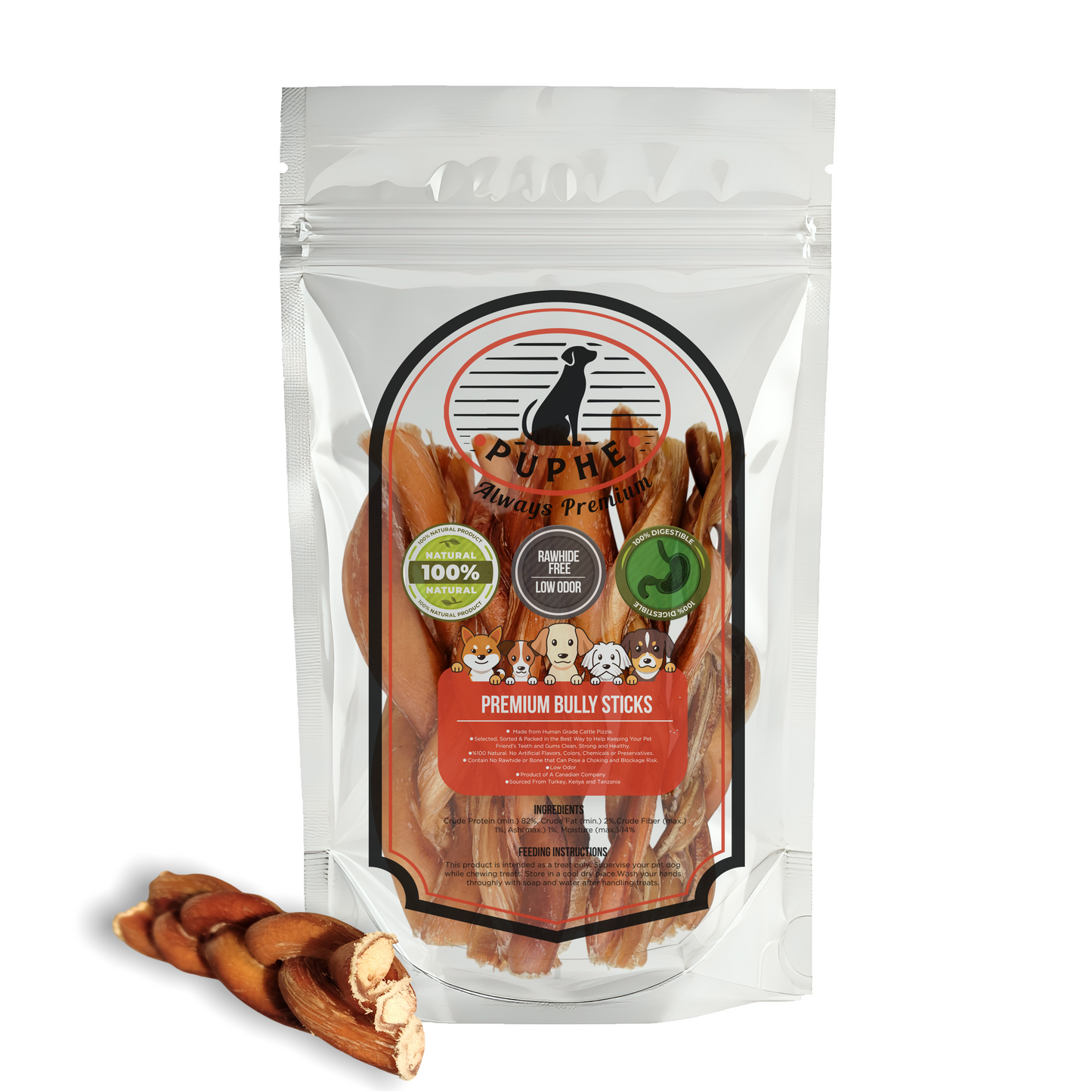 6 Inch Braided Natural Bully Sticks - PUPHE